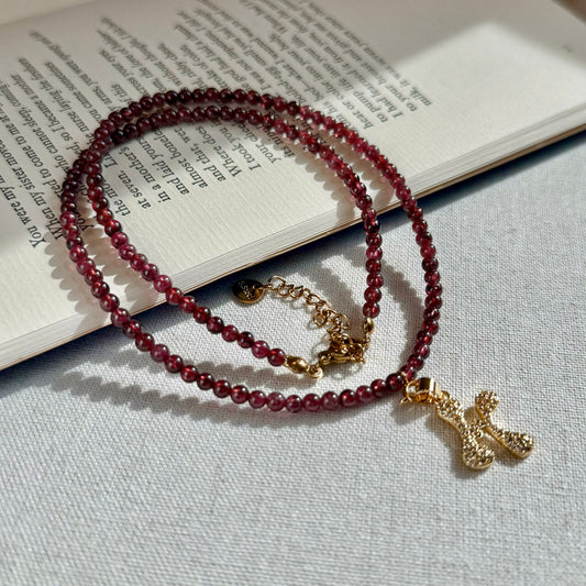 Initial Letter Garnet Beaded Necklace