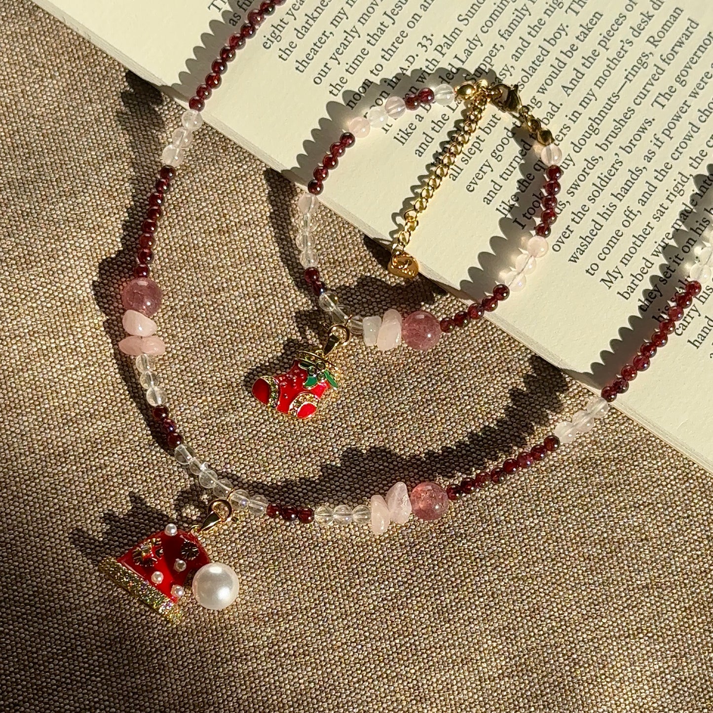 Festive Berry: Garnet, Clear Quartz, Rose Quartz & Strawberry Quartz Beaded Jewelry Set