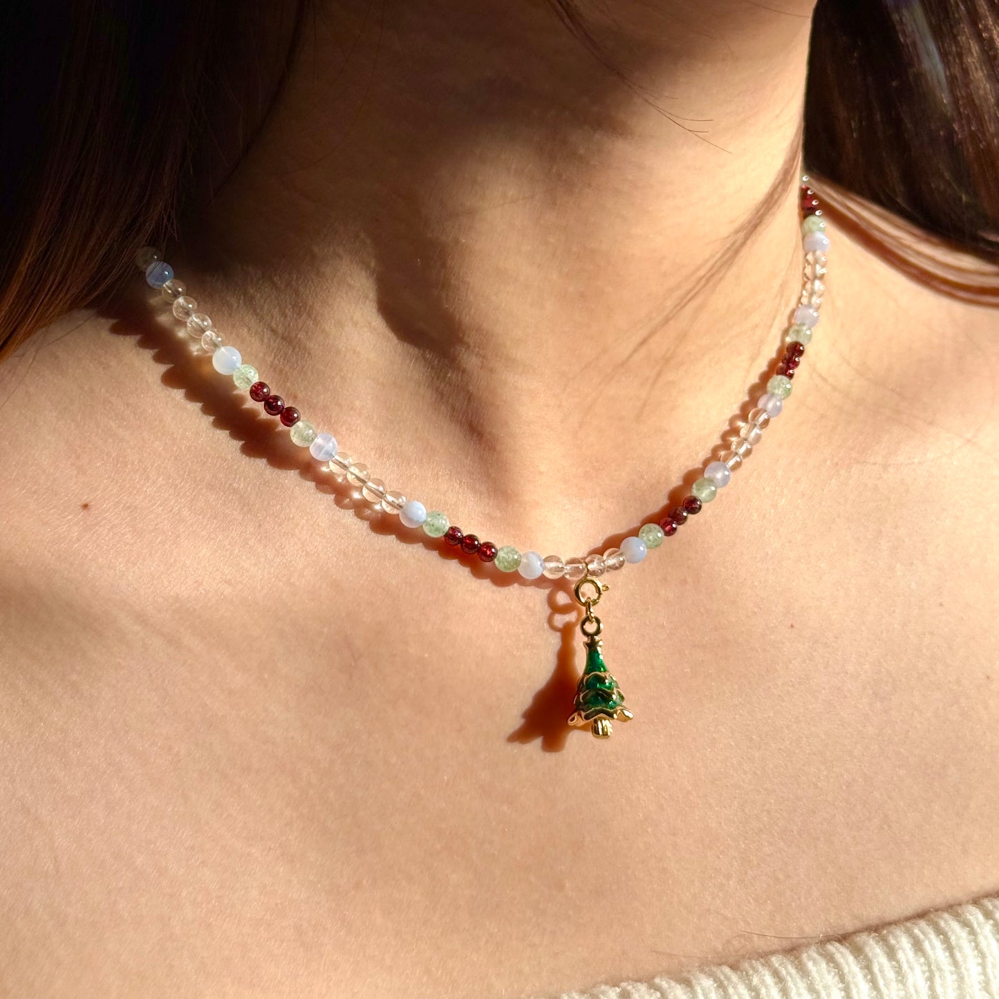 Winter Orchard Necklace: Natural Garnet, Green Aventurine, Blue Lace Agate & Clear Quartz Beaded Jewelry