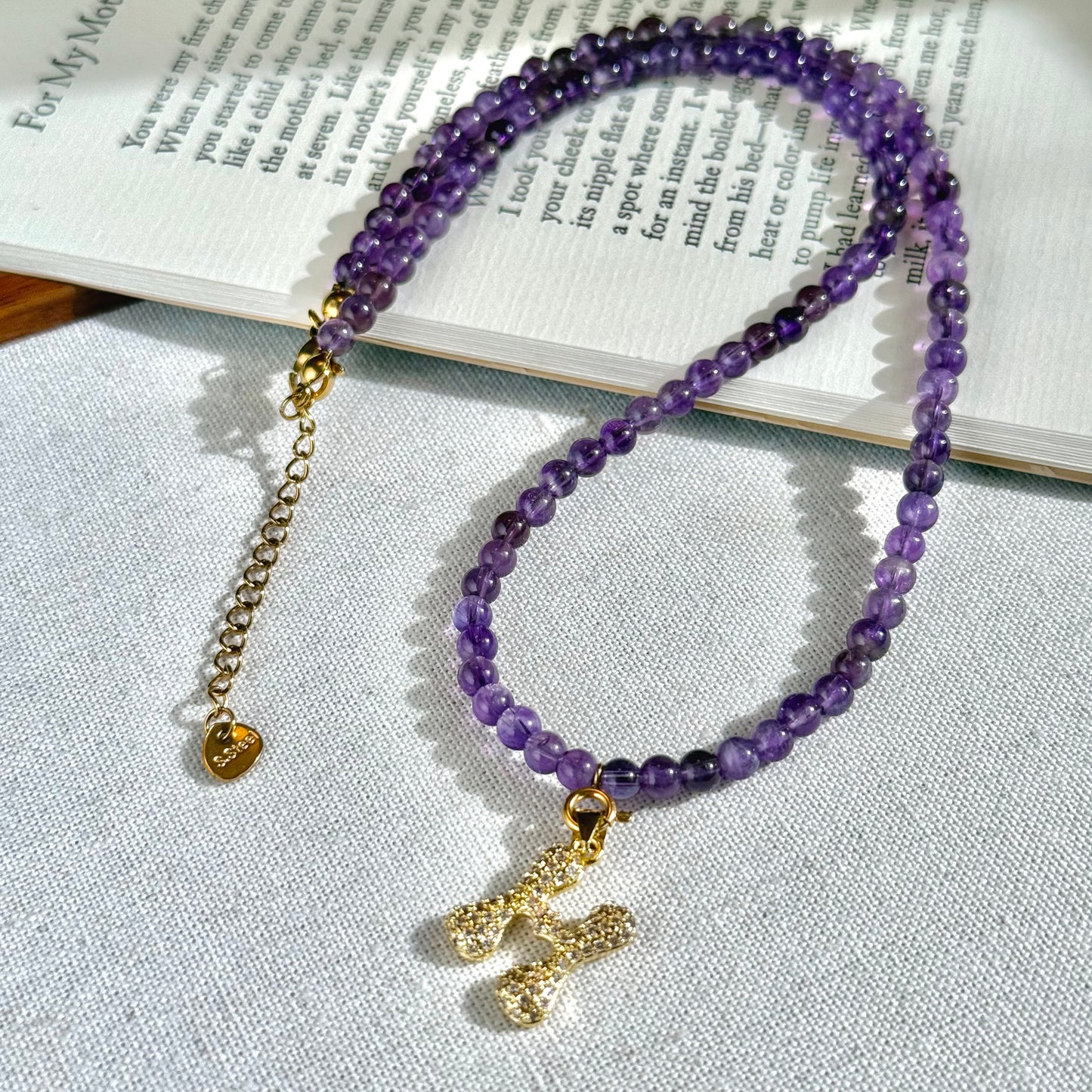 Initial Letter Amethyst Beaded Necklace