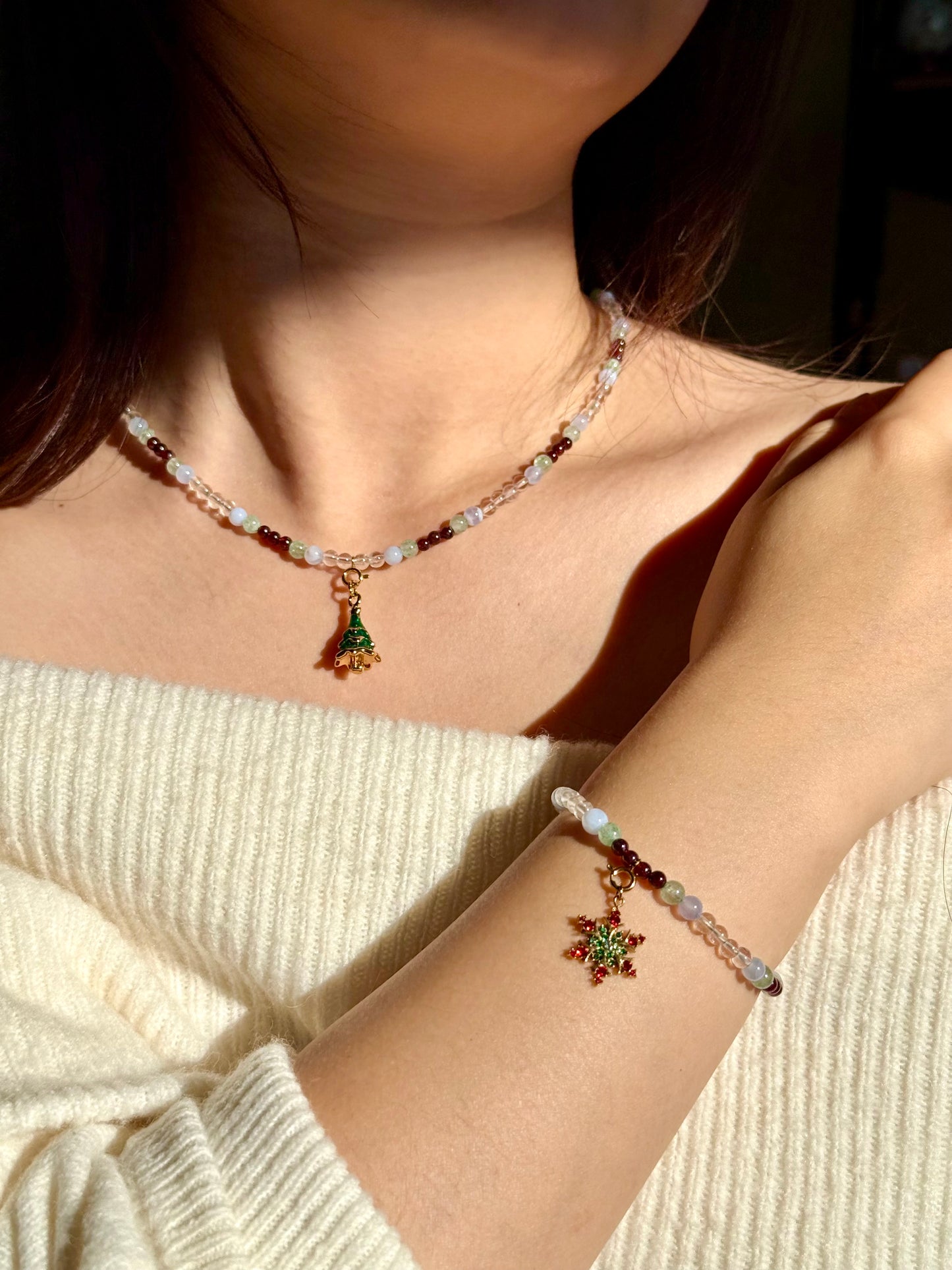 Winter Orchard Set: Natural Garnet, Green Aventurine, Blue Lace Agate & Clear Quartz Beaded Jewelry