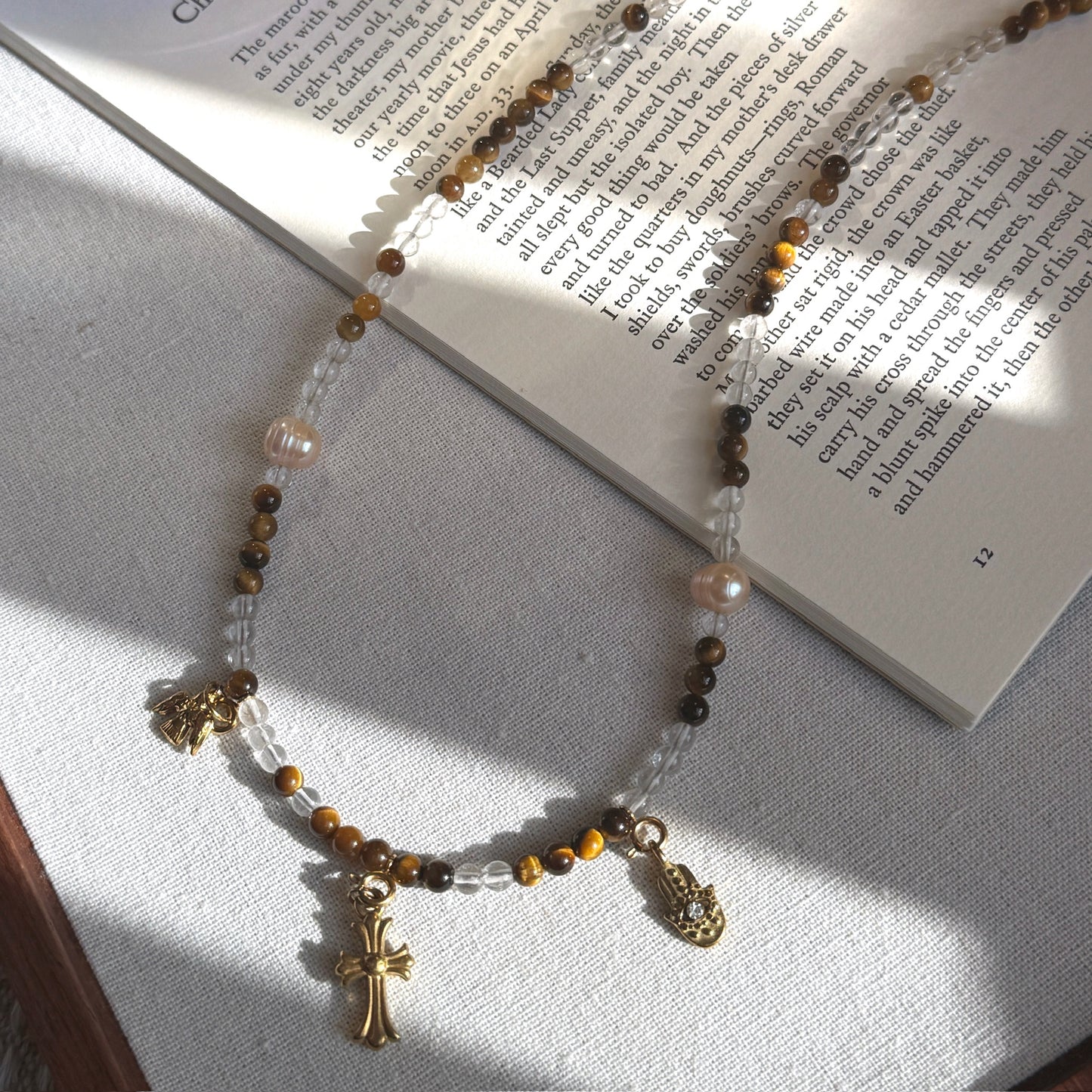 Earthen Luster: Tiger's Eye, Clear Quartz & Pearl Necklace