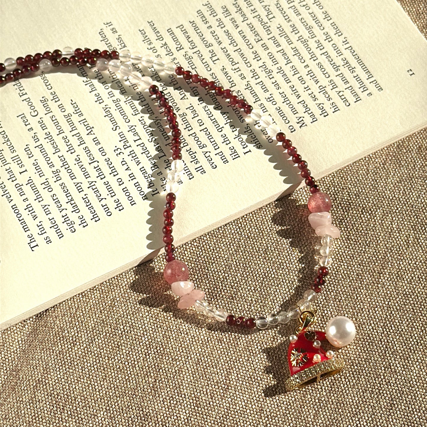Festive Berry: Garnet, Clear Quartz, Rose Quartz & Strawberry Quartz Beaded Necklace