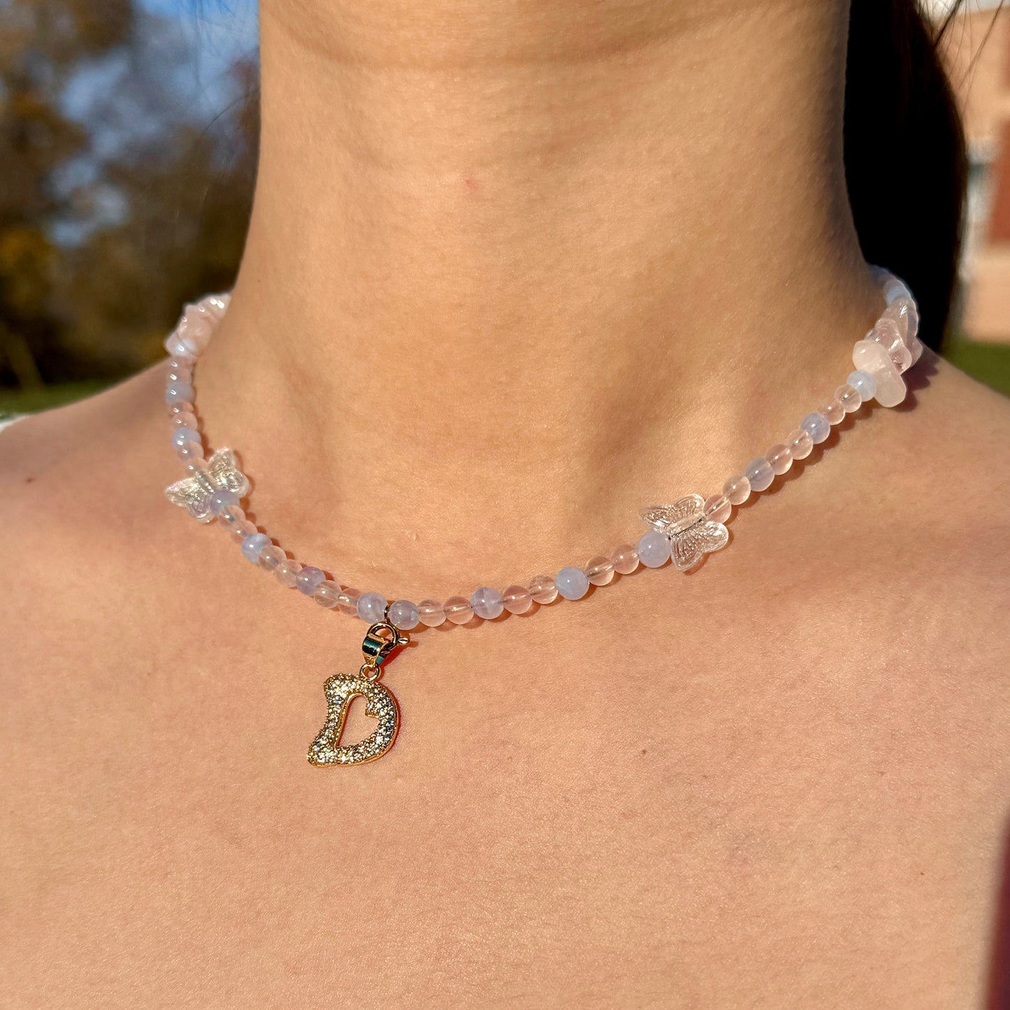 Initial Letter Rose Quartz & Blue Lace Agate Necklace