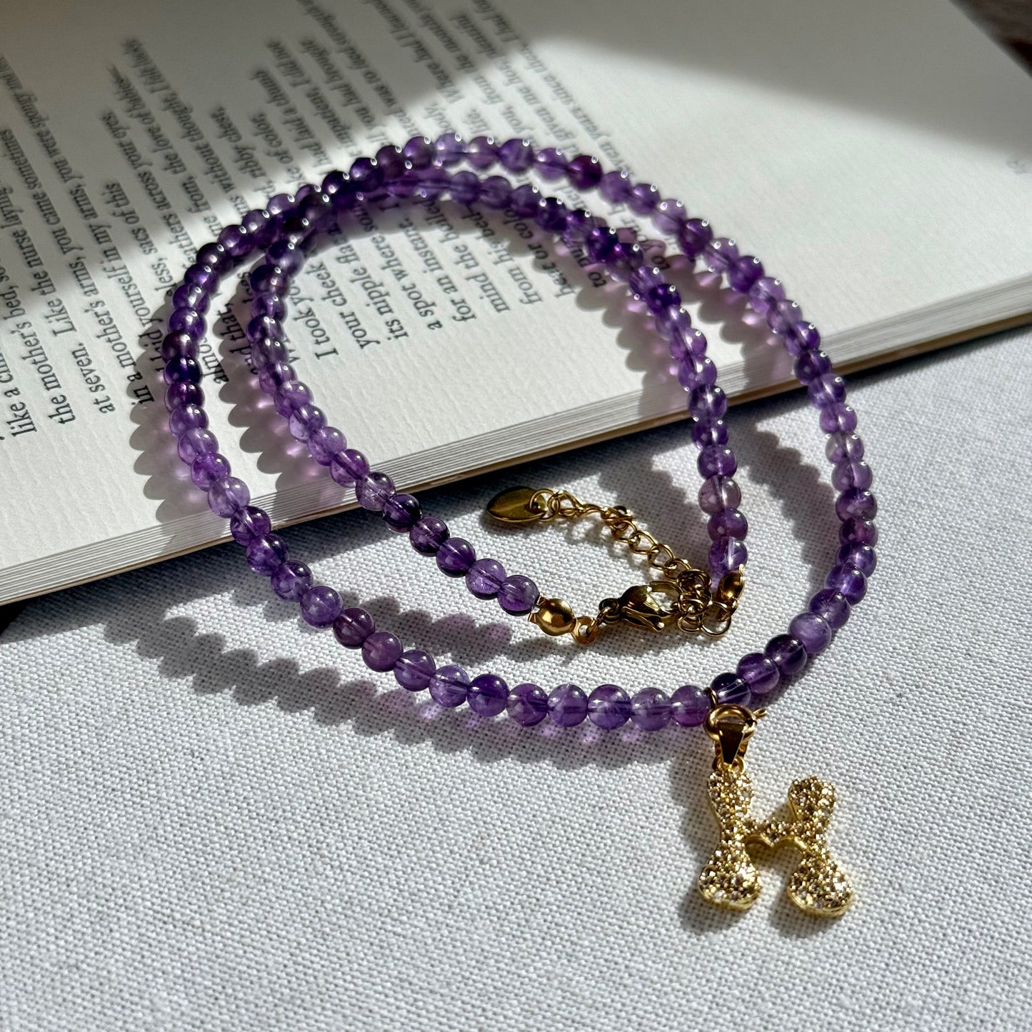 Initial Letter Amethyst Beaded Necklace