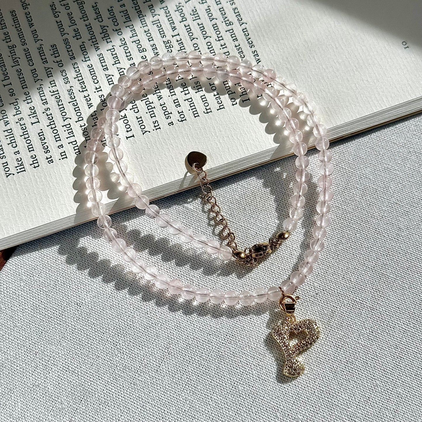 Initial Letter Rose Quartz Beaded Necklace