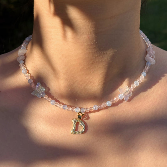 Initial Letter Rose Quartz & Blue Lace Agate Necklace