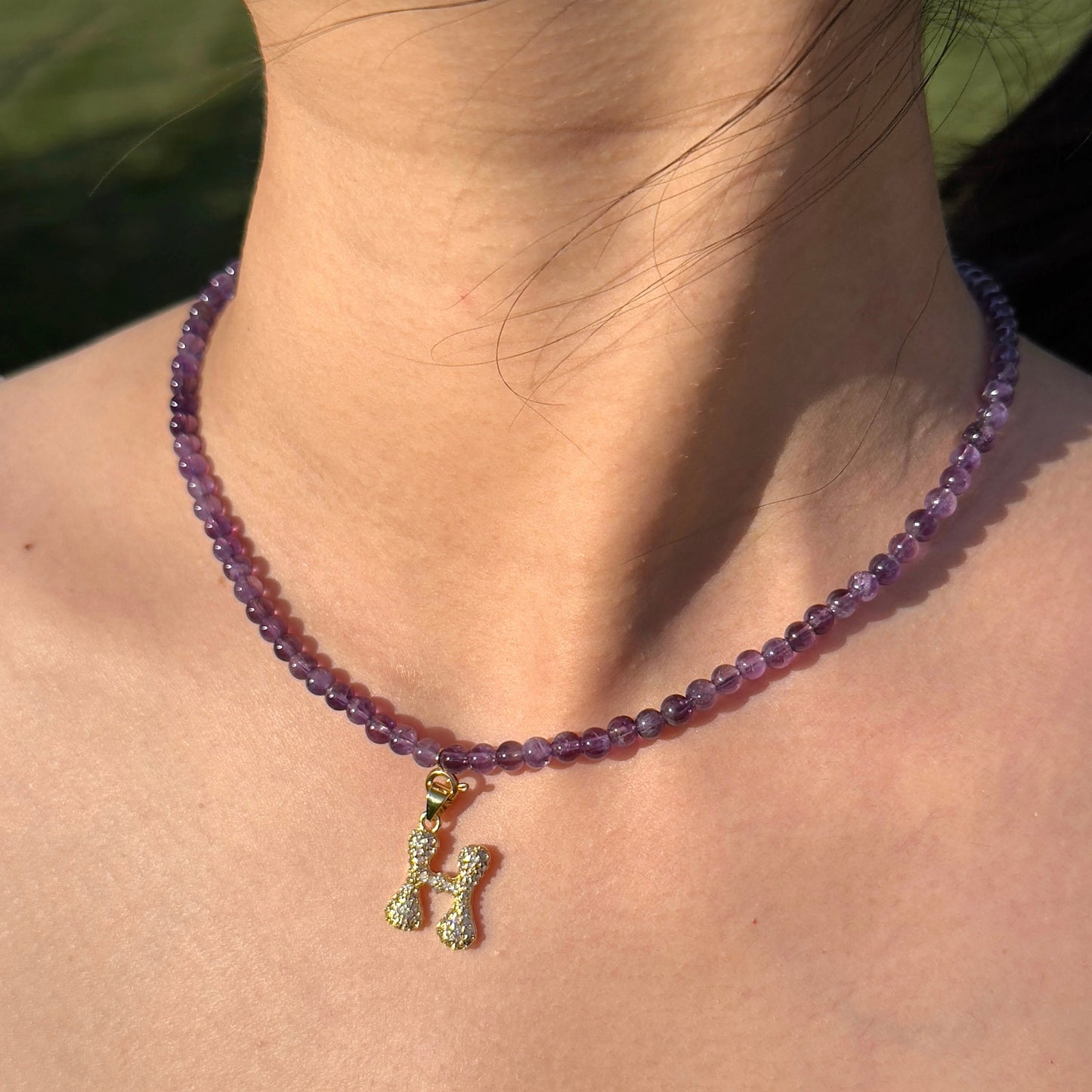 Initial Letter Amethyst Beaded Necklace