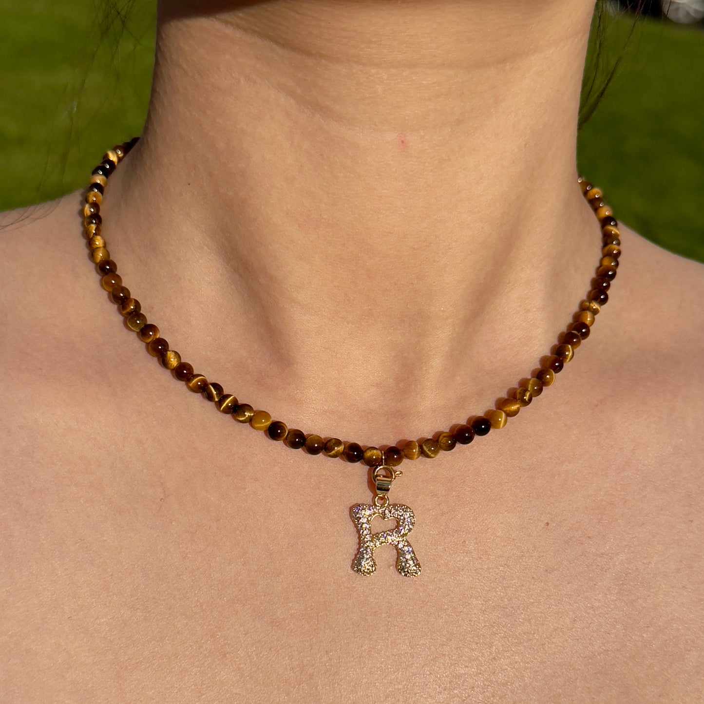 Initial Letter Tiger’s Eye Beaded Necklace