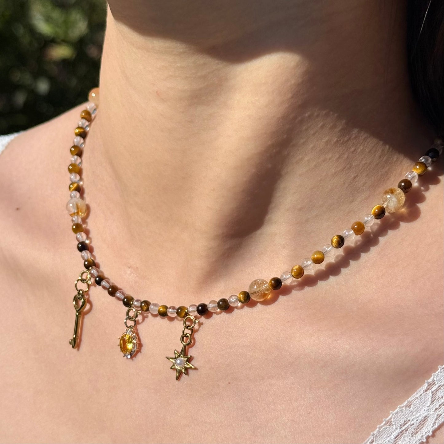 Tiger's Eye & Clear Quartz Beaded Necklace with Key, Star, and Gemstone charms, Handmade in the USA.