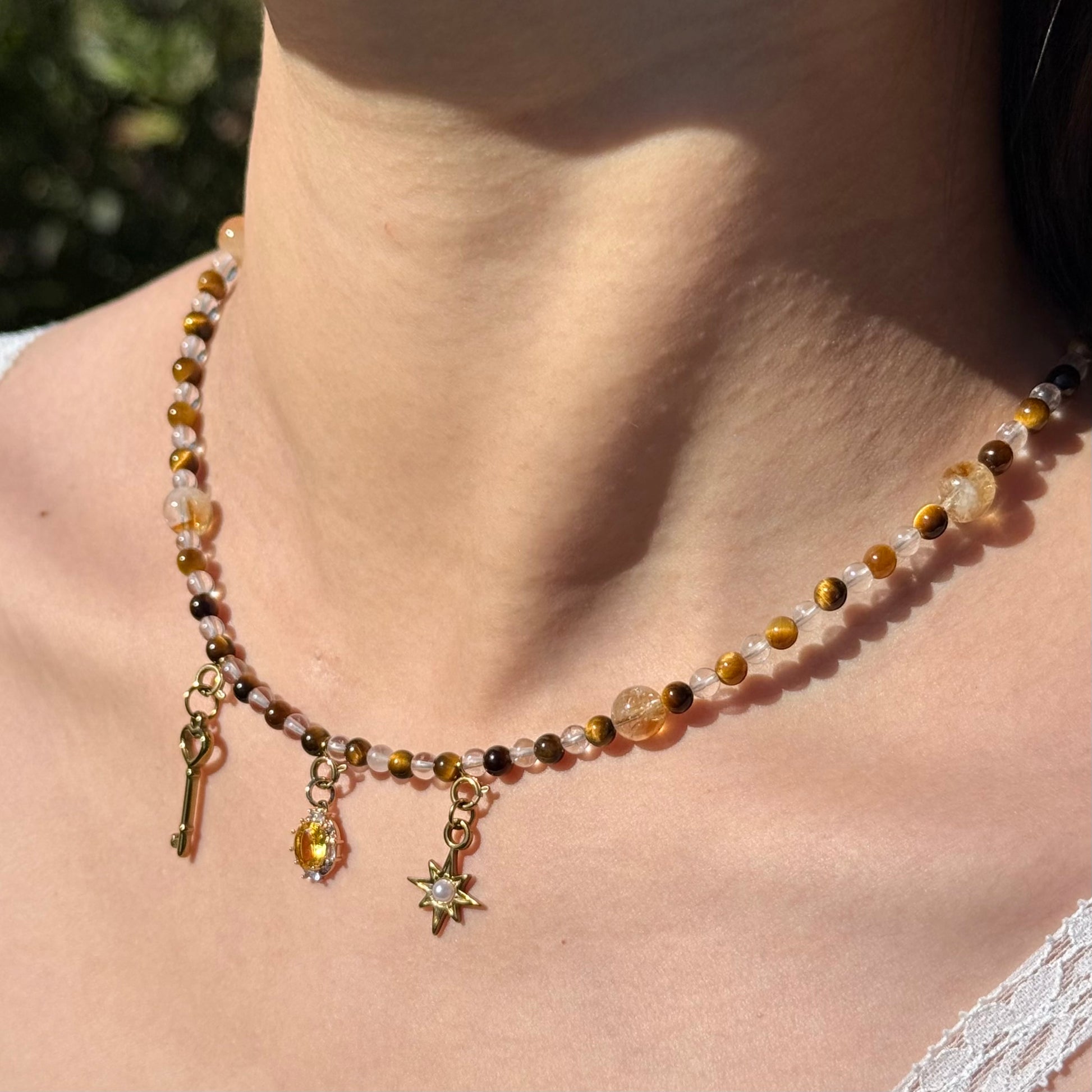 Tiger's Eye & Clear Quartz Beaded Necklace with Key, Star, and Gemstone charms, Handmade in the USA.