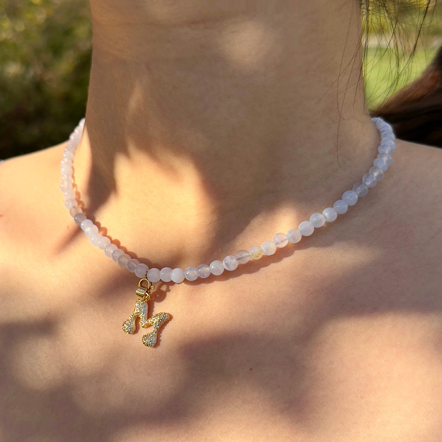 Initial Letter Blue Lace Agate Beaded Necklace