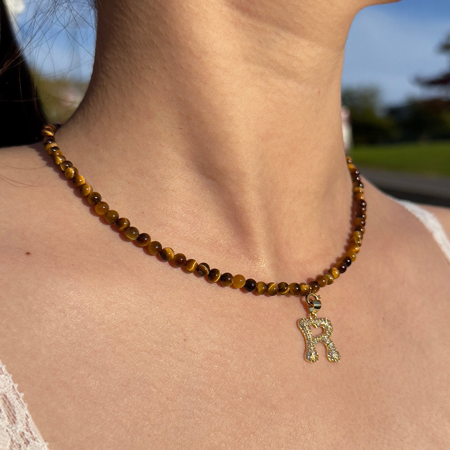 Initial Letter Tiger’s Eye Beaded Necklace