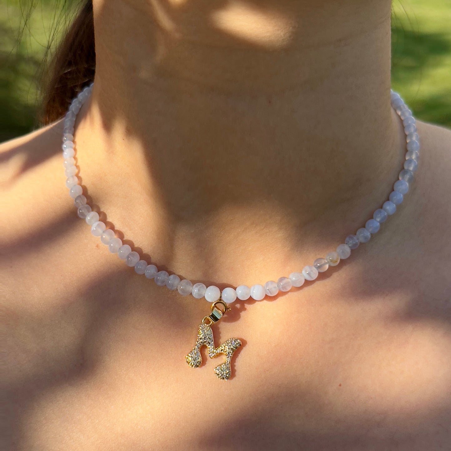 Initial Letter Blue Lace Agate Beaded Necklace