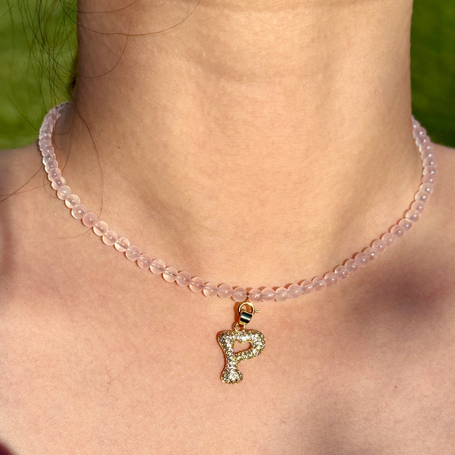 Initial Letter Rose Quartz Beaded Necklace
