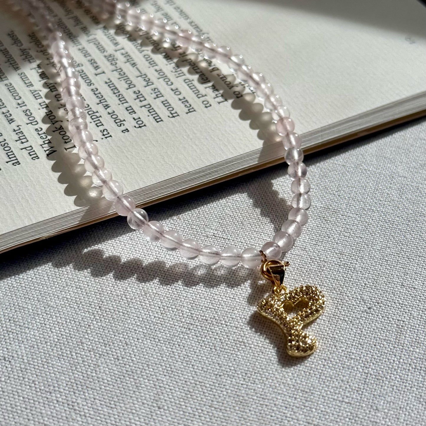Initial Letter Rose Quartz Beaded Necklace
