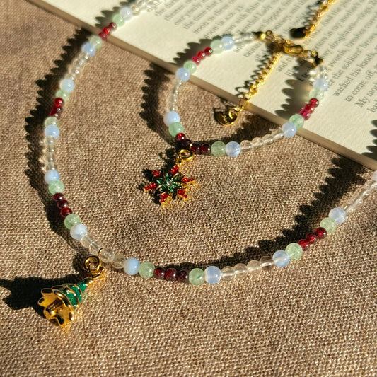 Winter Orchard Set: Natural Garnet, Green Aventurine, Blue Lace Agate & Clear Quartz Beaded Jewelry
