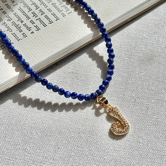 Initial Letter Lapis Lazuli Beaded Necklace