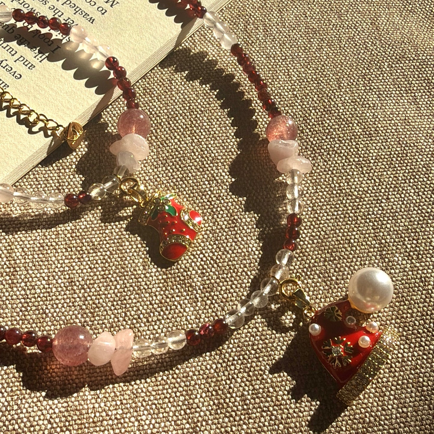 Festive Berry: Garnet, Clear Quartz, Rose Quartz & Strawberry Quartz Beaded Jewelry Set