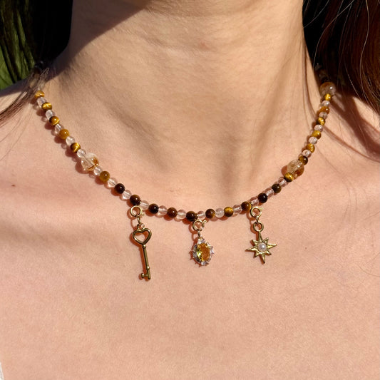 Exclusive Design Tiger's Eye & Clear Quartz Beaded Necklace with Key, Star, and Gemstone Charm.