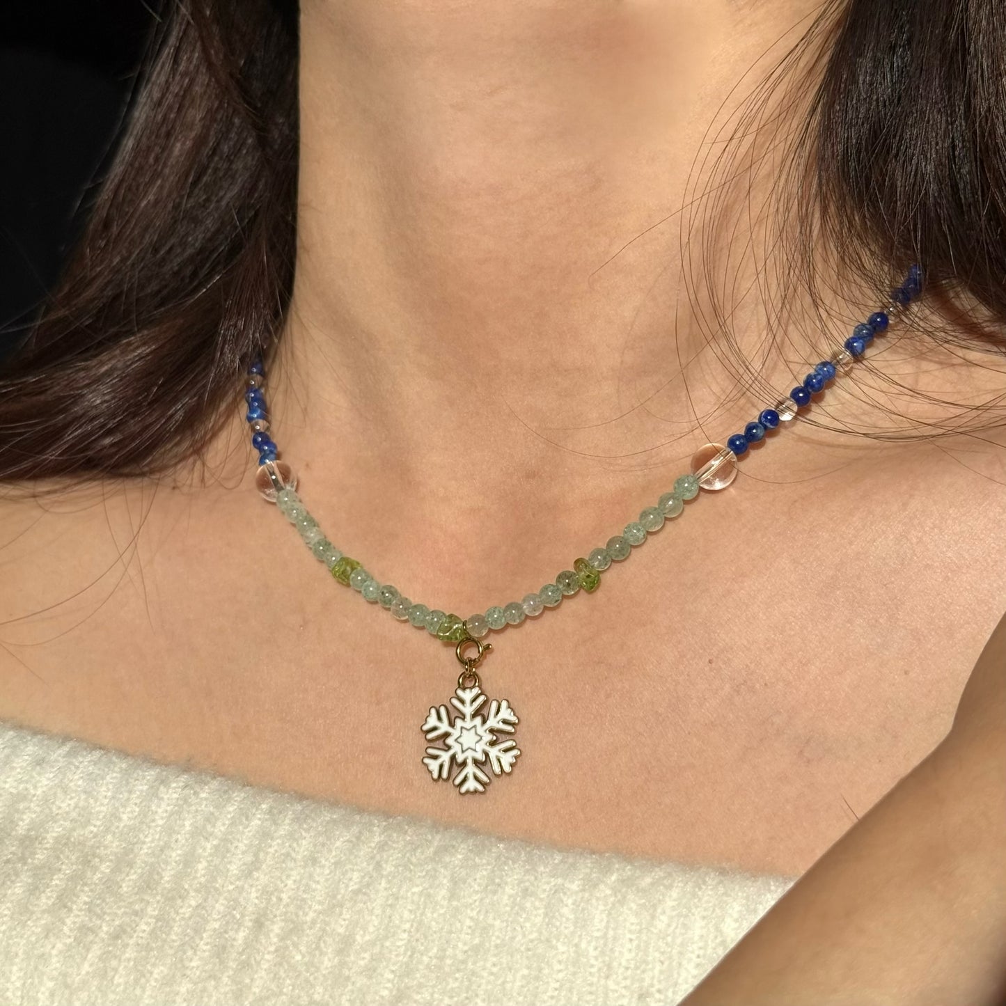 Frost & Flora: Green Aventurine, Lapis Lazuli, Clear Quartz & Peridot Beaded Necklace