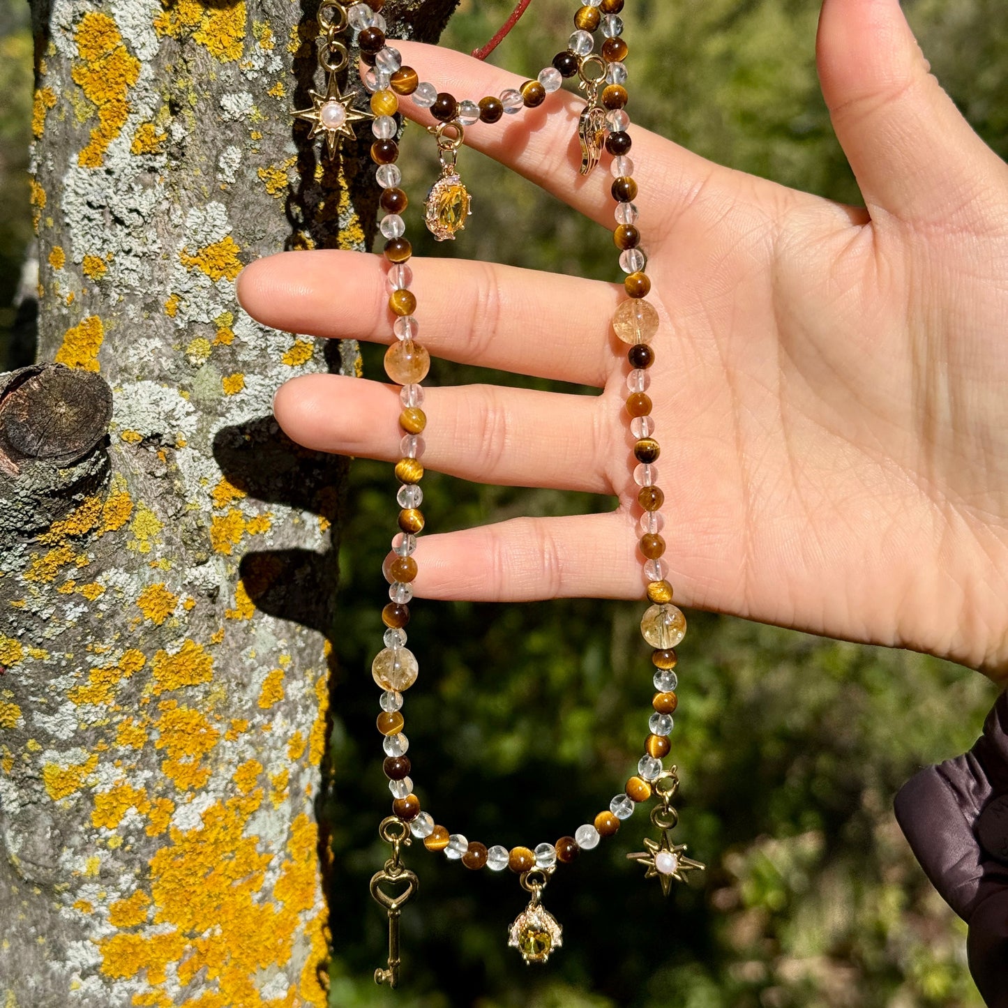Exclusive Design Tiger's Eye & Clear Quartz Beaded Jewelry Set, Natural Crystal Jewelry, Handmade in USA, Best Gift for Her.