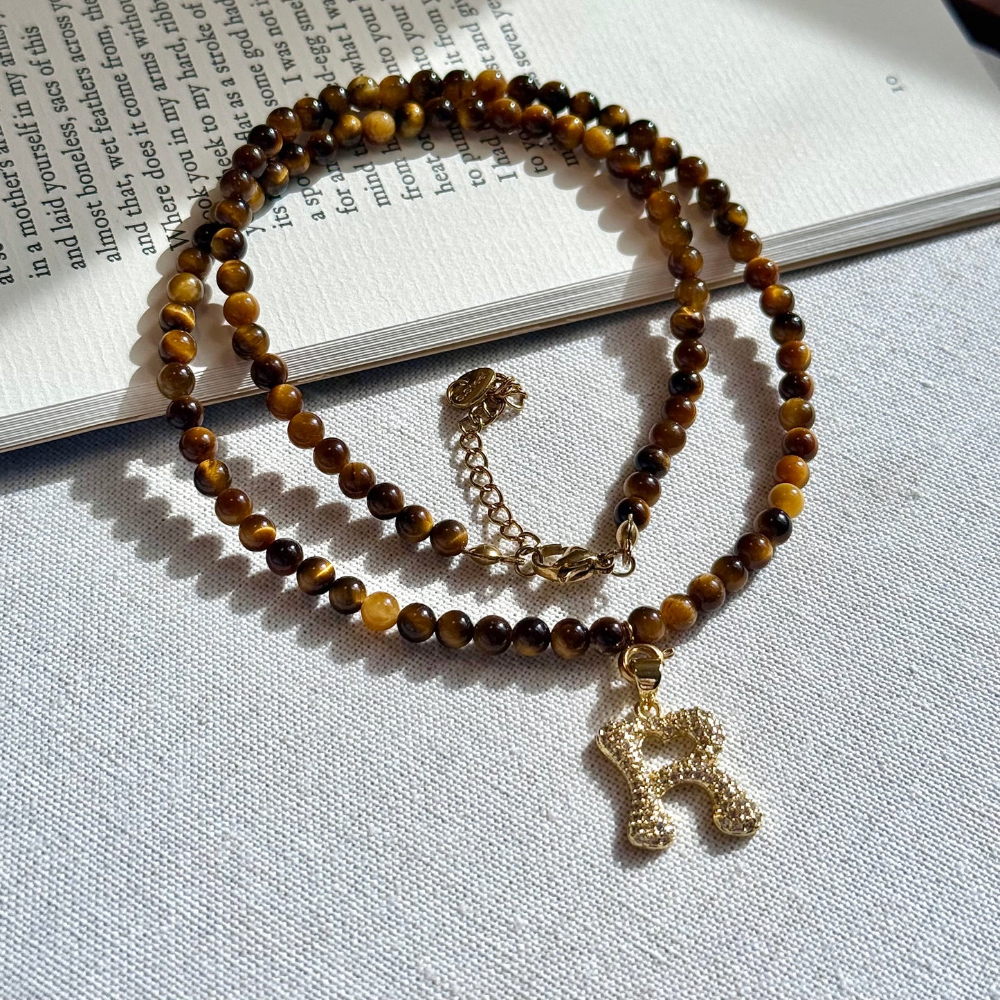 Initial Letter Tiger’s Eye Beaded Necklace