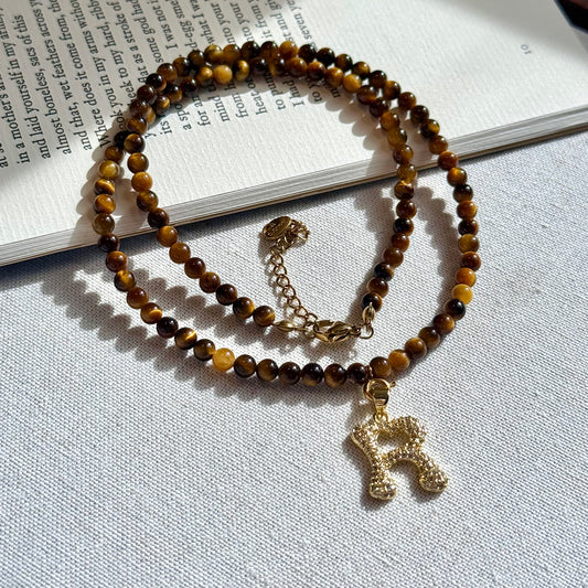 Initial Letter Tiger’s Eye Beaded Necklace