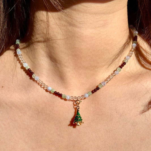 Winter Orchard Necklace: Natural Garnet, Green Aventurine, Blue Lace Agate & Clear Quartz Beaded Jewelry