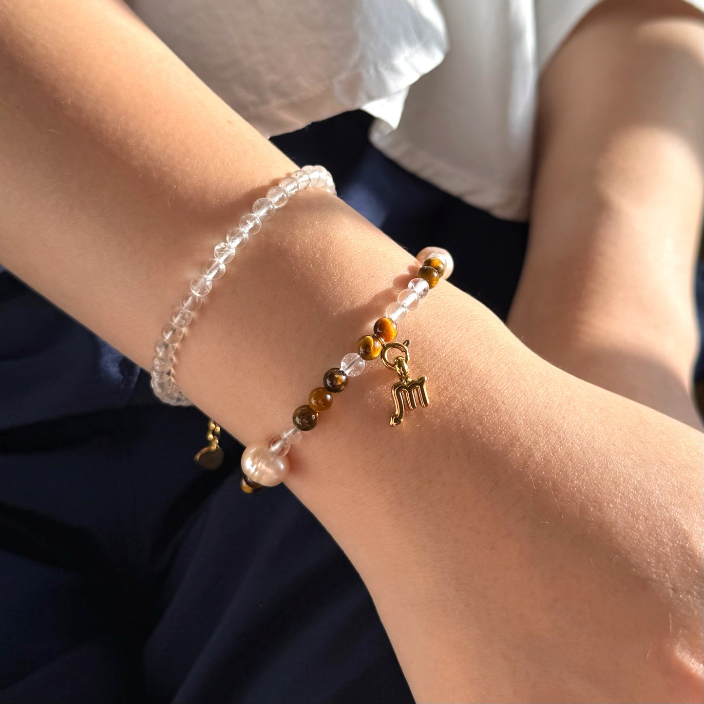 Earthen Luster: Tiger's Eye, Clear Quartz & Pearl Bracelet