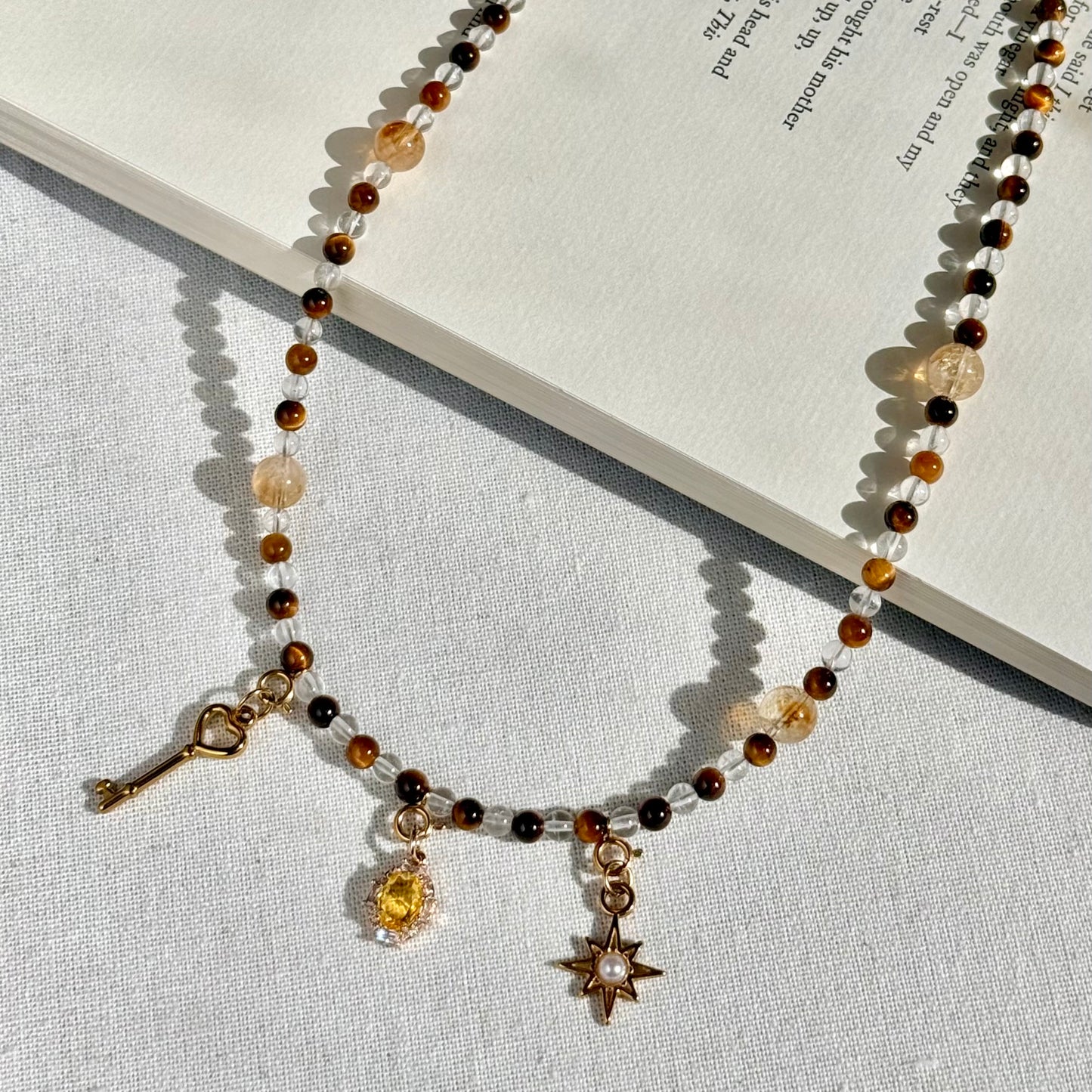Exclusive Design Tiger's Eye & Clear Quartz Beaded Necklace with beads and charms, Best Gift for Her, Handmade in the USA.