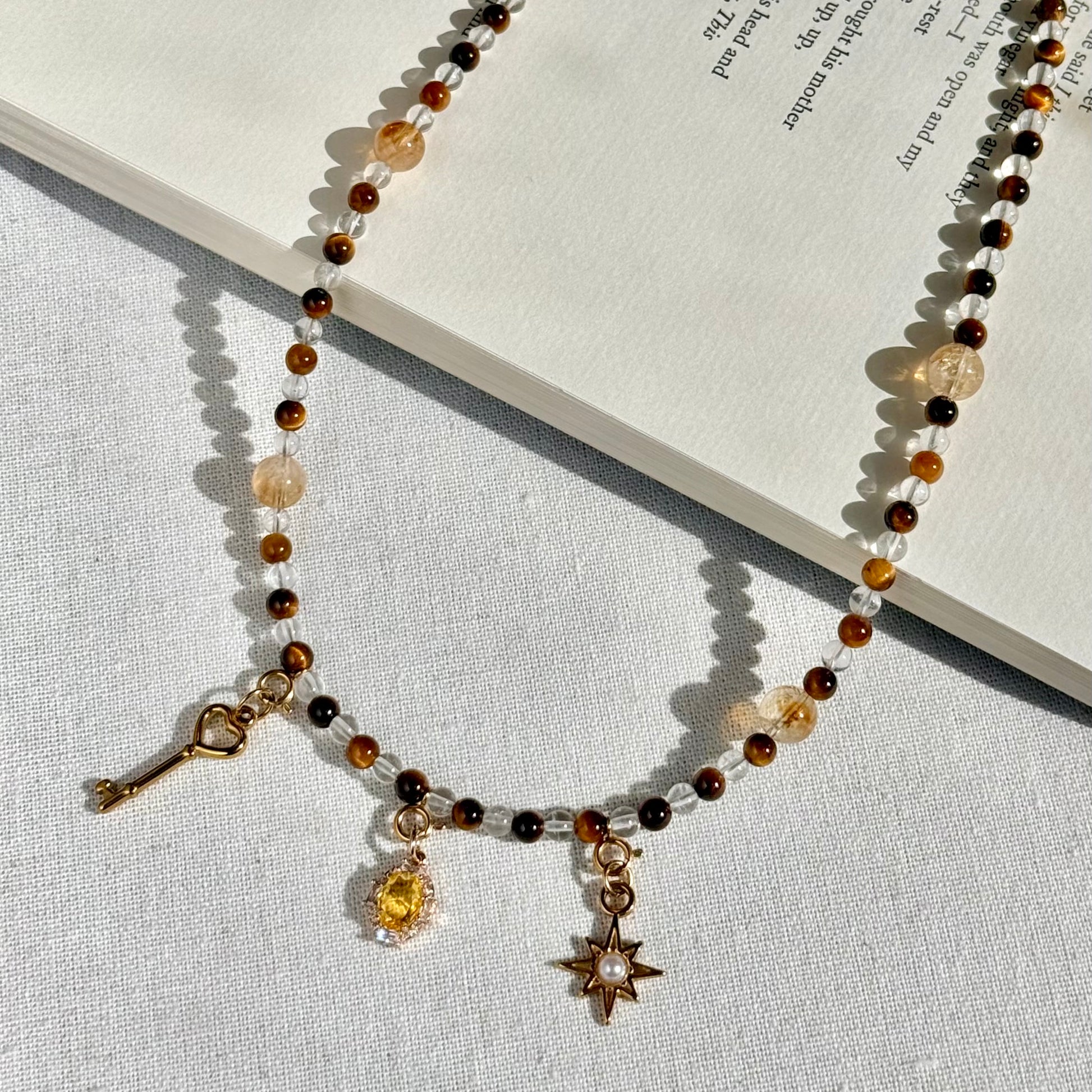 Exclusive Design Tiger's Eye & Clear Quartz Beaded Necklace with beads and charms, Best Gift for Her, Handmade in the USA.