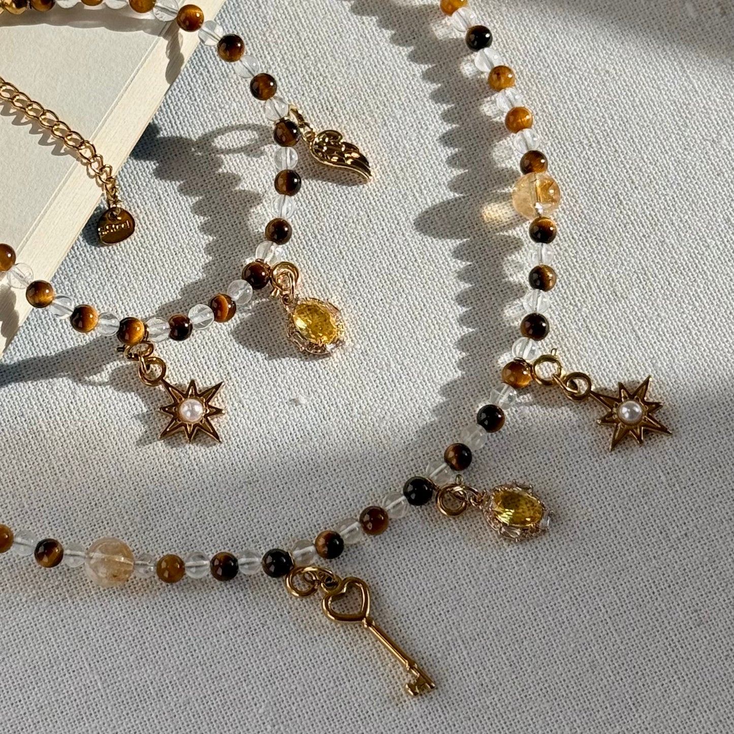 Exclusive Design Tiger's Eye & Clear Quartz Beaded Jewelry Set, Necklace and Bracelet with Gold Charms. Handmade in USA, Best Gift for Anniversary.