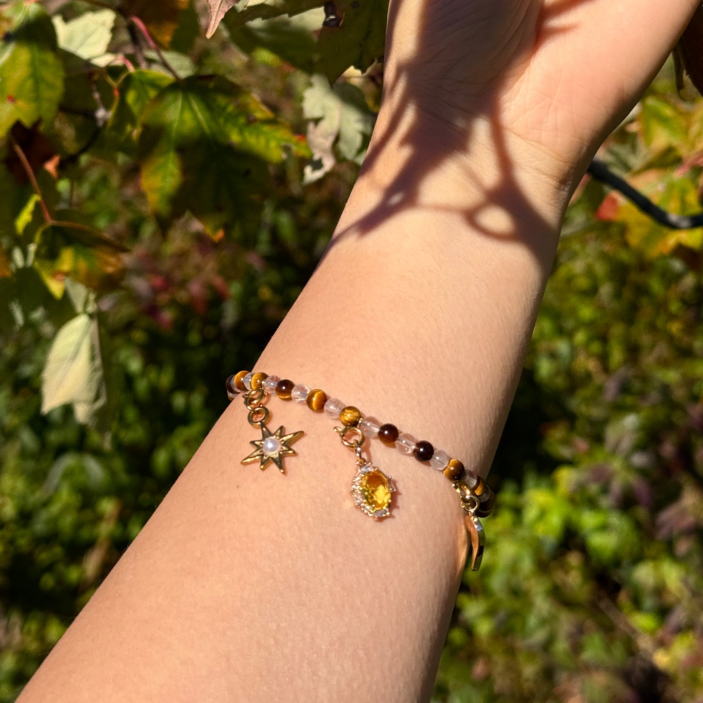 Exclusive Design Tiger's Eye & Clear Quartz Beaded Bracelet with Charms, Natural Crystal, Handmade in the USA.