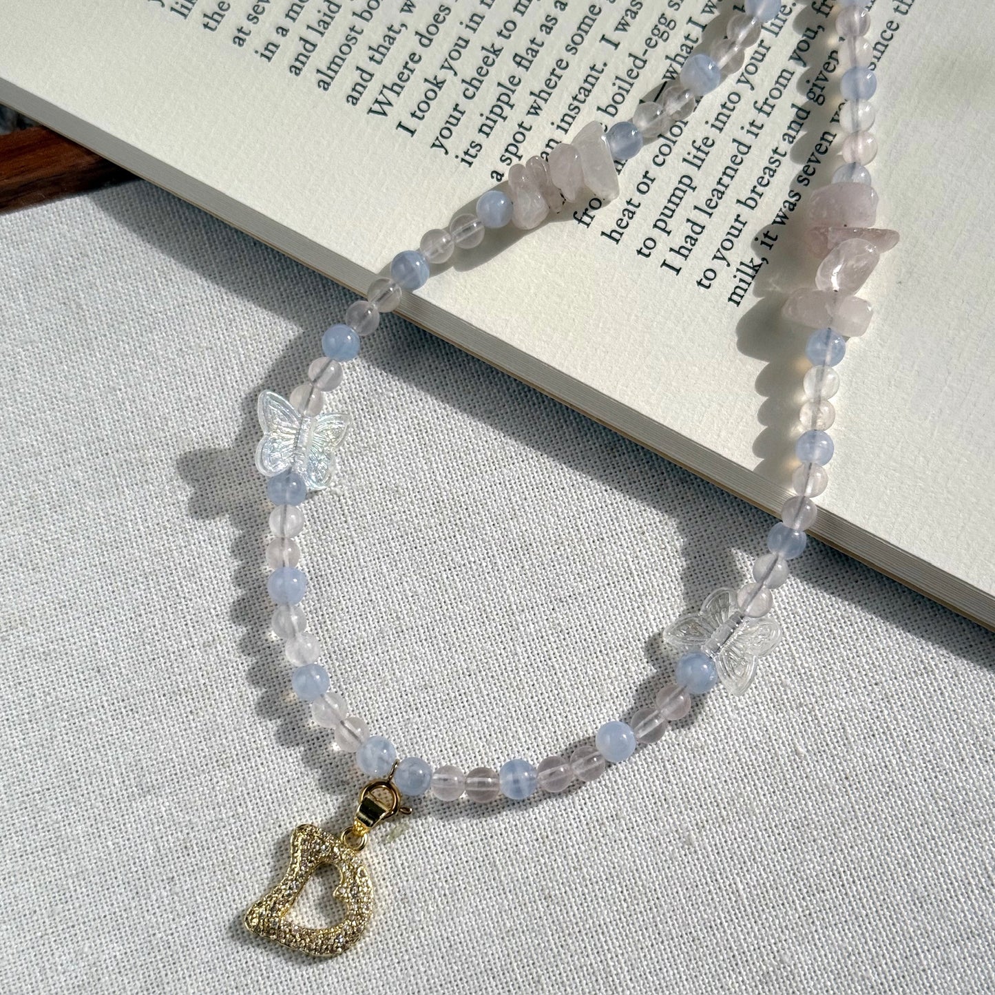 Initial Letter Rose Quartz & Blue Lace Agate Necklace
