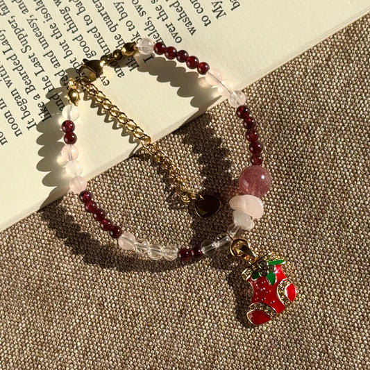 Festive Berry: Garnet, Clear Quartz, Rose Quartz & Strawberry Quartz Beaded Bracelet