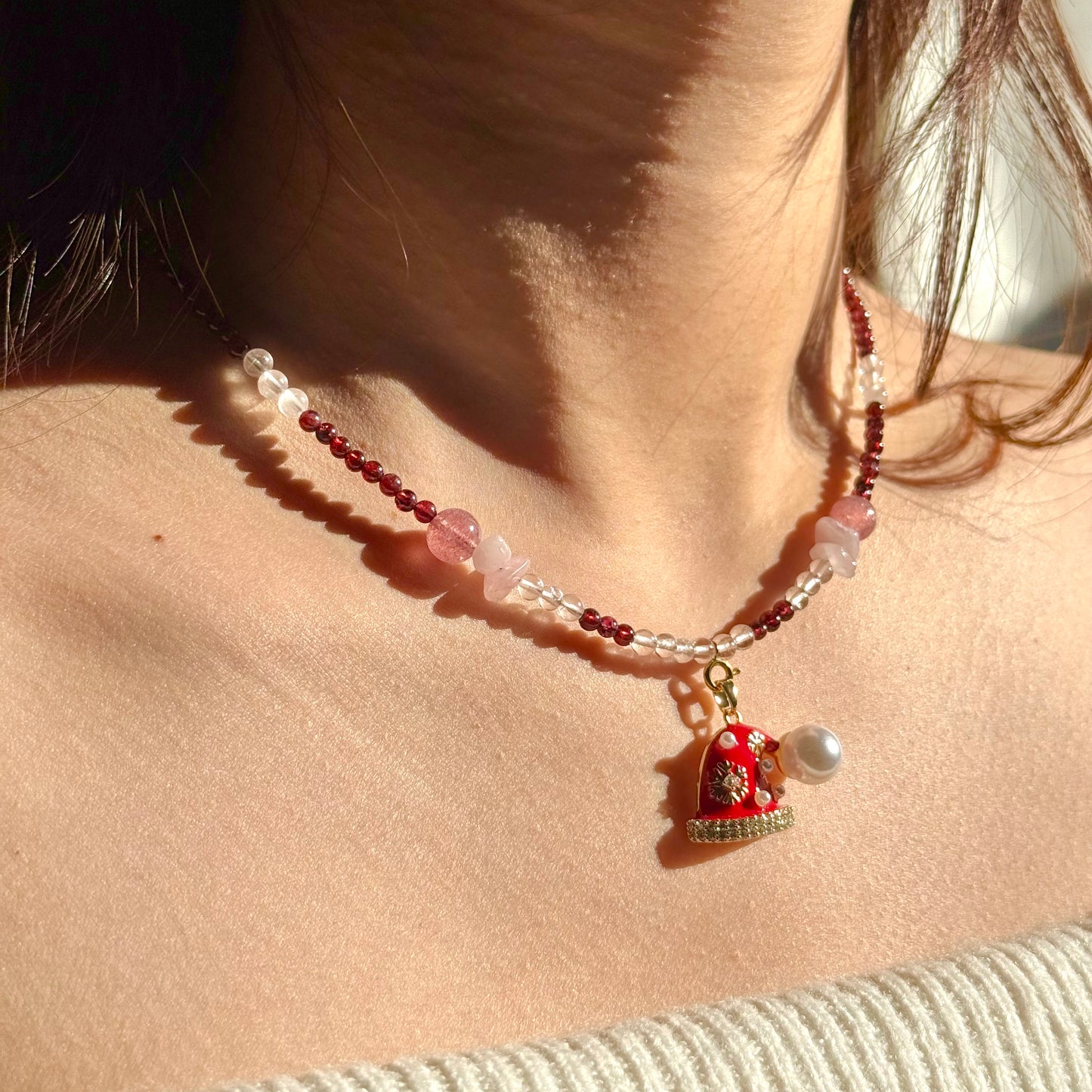 Festive Berry: Garnet, Clear Quartz, Rose Quartz & Strawberry Quartz Beaded Necklace