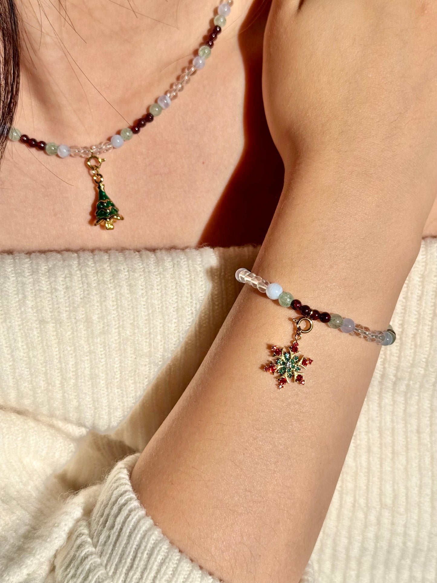 Winter Orchard Bracelet: Natural Garnet, Green Aventurine, Blue Lace Agate & Clear Quartz Beaded Jewelry