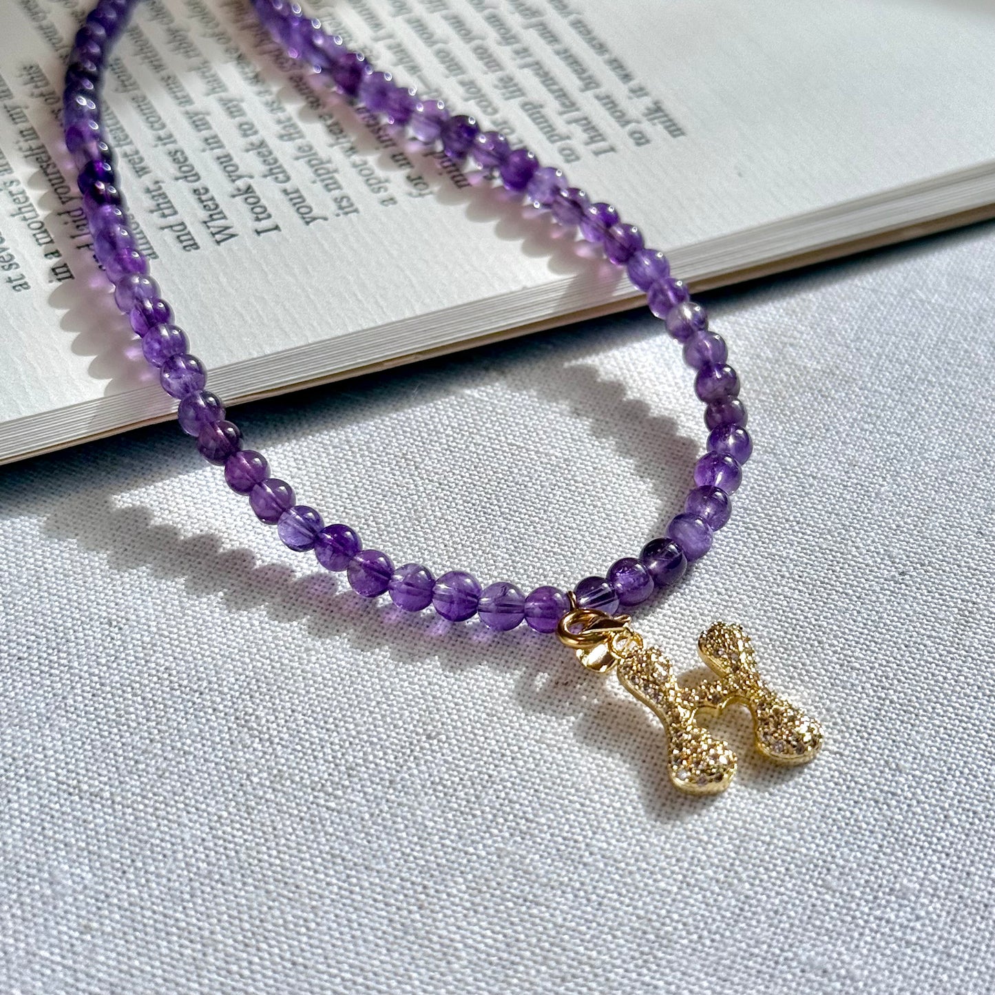 Initial Letter Amethyst Beaded Necklace