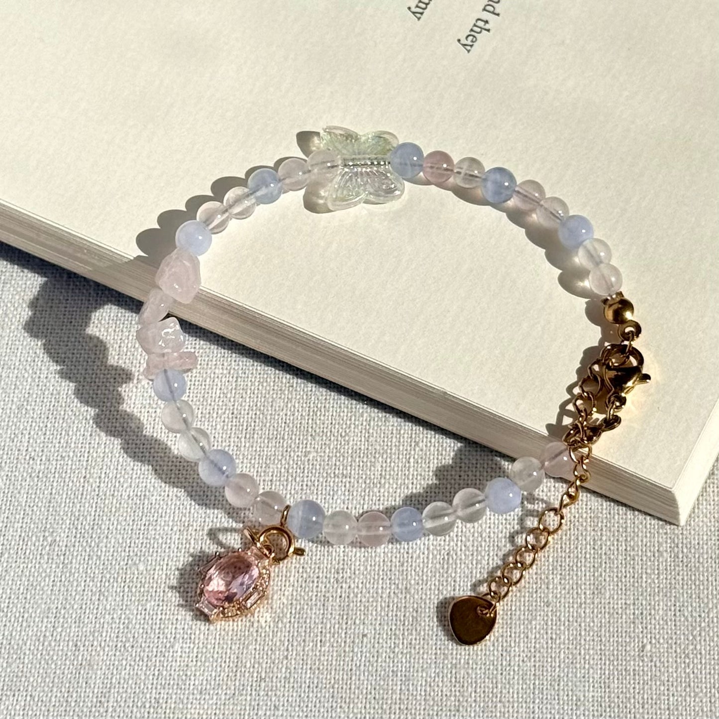 Cute Pink Crystal Bracelet with butterfly and pink gemstone charms