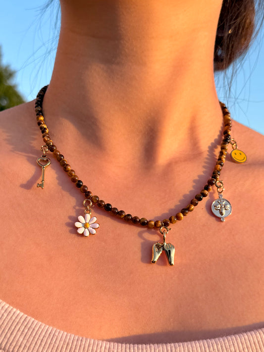 Key to Happiness Tiger Eye Beaded Charm Necklace – Key, Daisy, Friendship Hands, Bee & Smiley Face