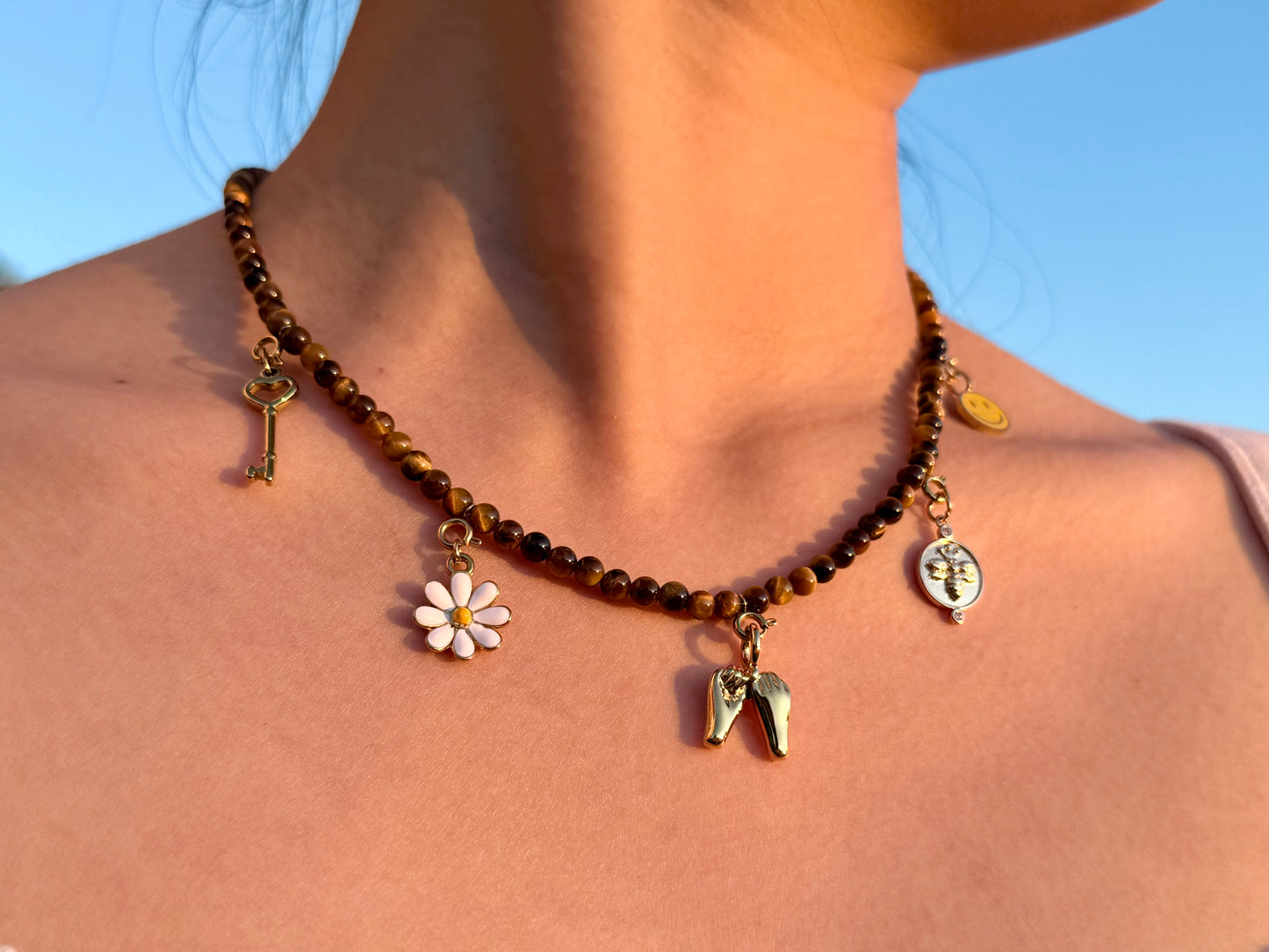 Key to Happiness Tiger Eye Beaded Charm Necklace – Key, Daisy, Friendship Hands, Bee & Smiley Face