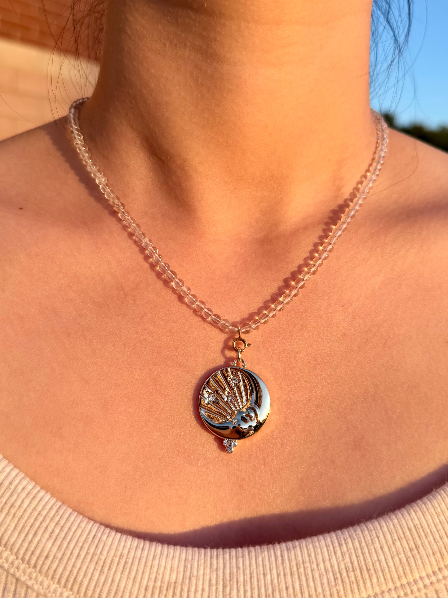 Moon & Stars Charm Clear Quartz Necklace