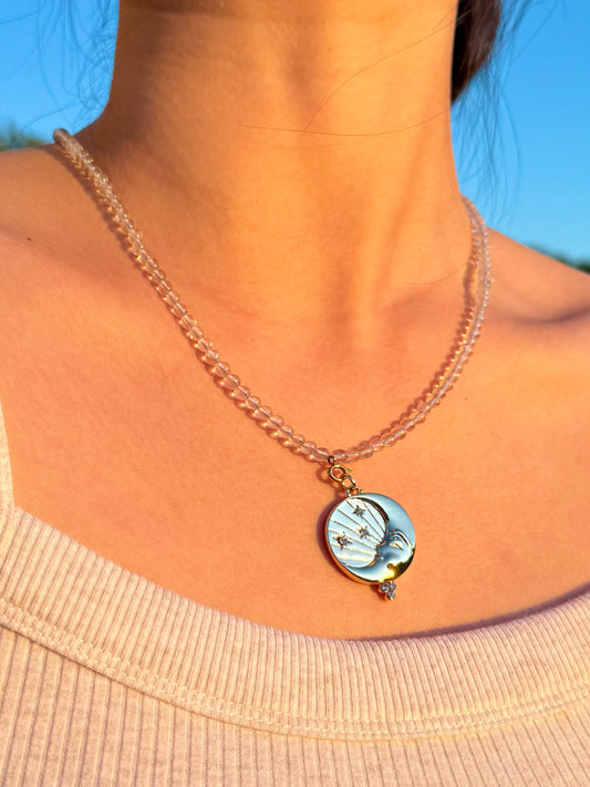 Moon & Stars Charm Clear Quartz Necklace
