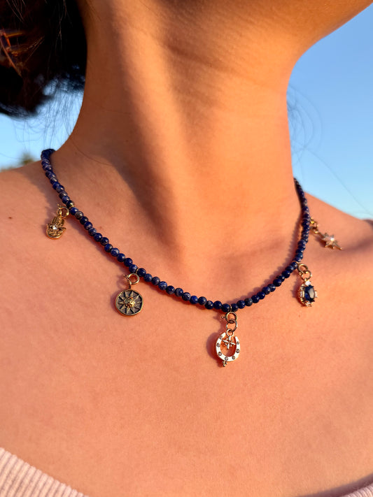 Celestial Voyage Lapis Lazuli Crystal Beaded Charm Necklace
