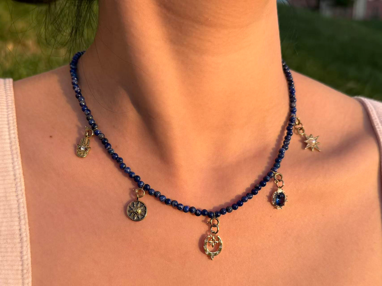 Celestial Voyage Lapis Lazuli Crystal Beaded Charm Necklace