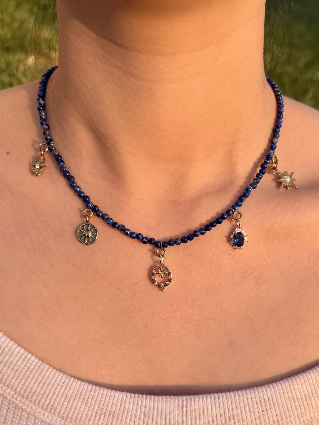 Celestial Voyage Lapis Lazuli Crystal Beaded Charm Necklace